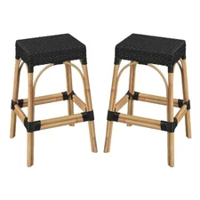 Home Square 30" Rectangular Rattan Bar Stool in Black - Set of 2