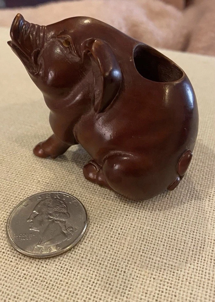 Vintage Japanese Signed Boxwood Pig Container - Image 2 of 4