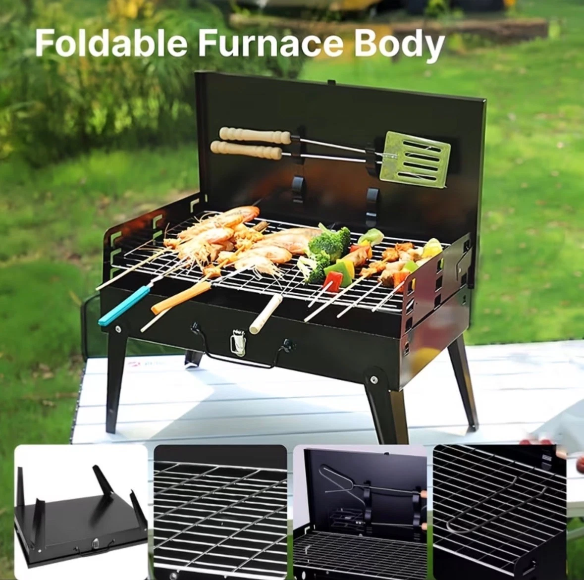 Portable Square Charcoal Barbecue with Fork, Outdoor Collapsible Grill, Easy Acc