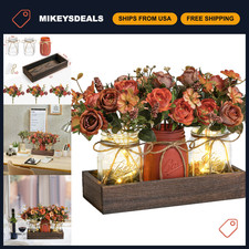 3 Pcs Mason Jar Centerpiece Decor with LED Lights Wood Tray for Dining Table,