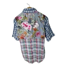 Aratta Silent Journey Plaid Gingham Mixed Media Embroidered Back Shirt Small