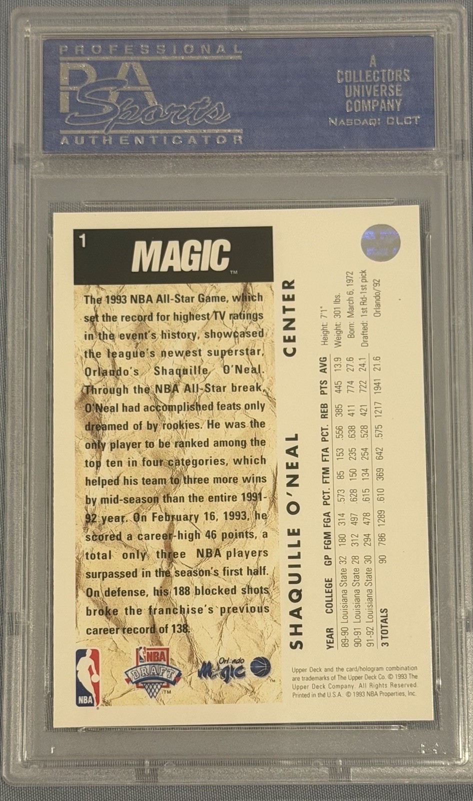 1992-93 Upper Deck Draft Pick Shaquille O'Neal #1 (RC). PSA 9. Magic view 2