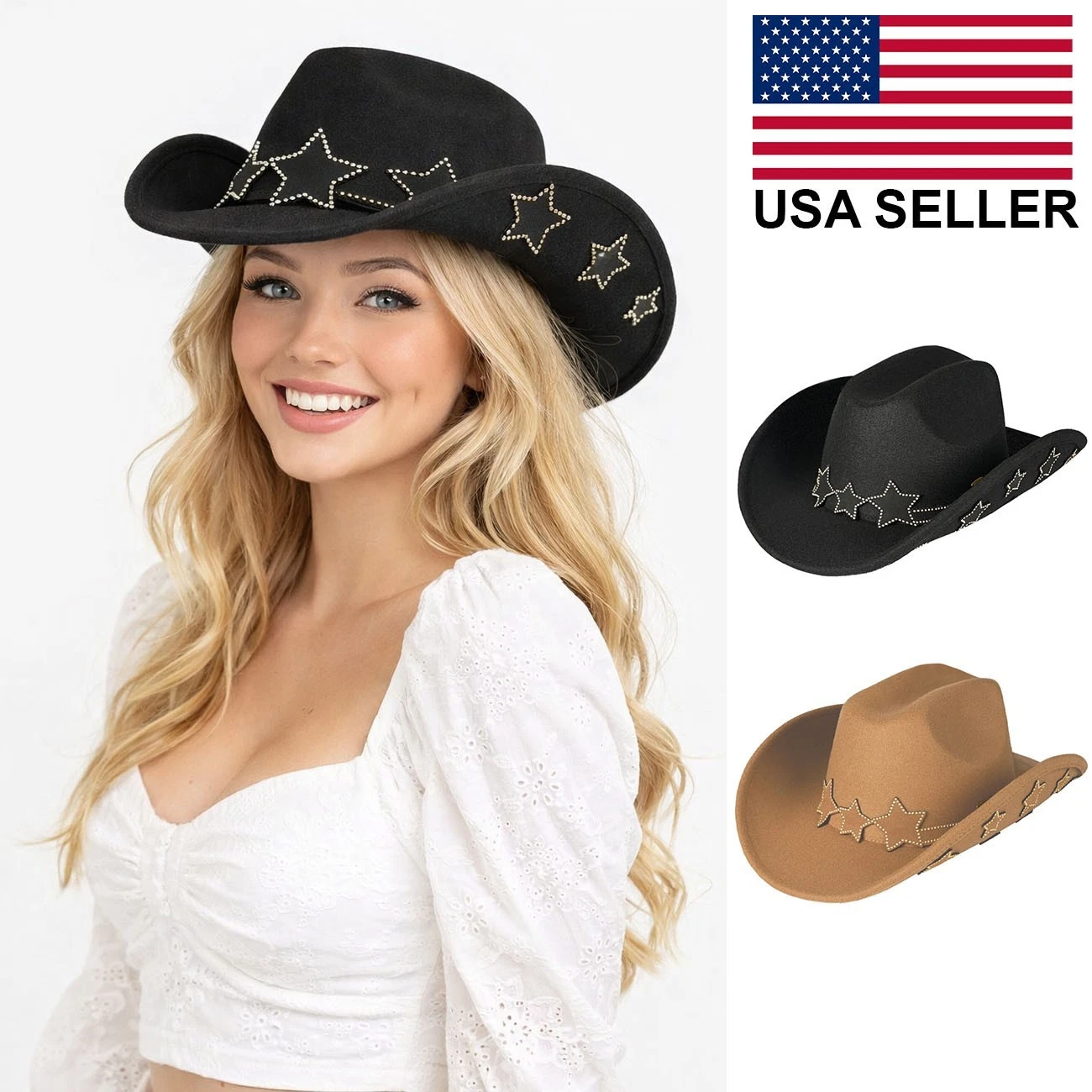 C.C Women's Star Embellishment Trim Band Vegan Felt Cowboy Sun Hat