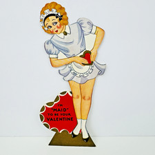 Valentine Die Cut Card Maid Pin Girl Holding Heart 1930s 1940s VTG Made in USA
