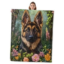 Cute German Shepherd Dog  Flowers Blanket - Soft  Cozy Warm 60x50 Inch Dog23