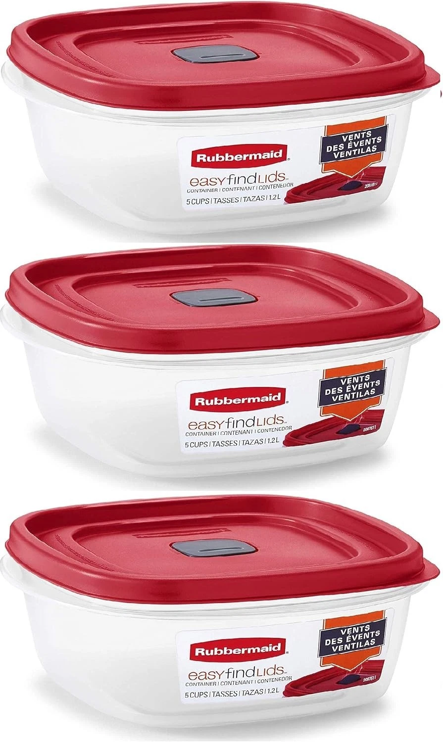 Easy Find Lid Square 5 Cup Food Storage Container Pack of 3 Red Vented
