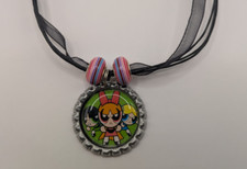 Black Ribbon Bottle Cap Bling Charm Necklace Striped Beads The Powerpuff Girls