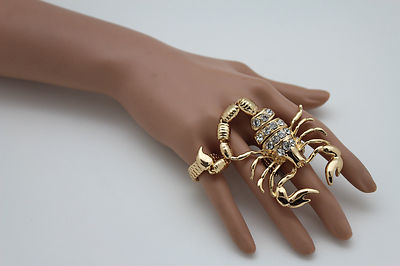 Femme Bague Deux Doigts Mode Bijoux Or Métal Grand Long Scorpion