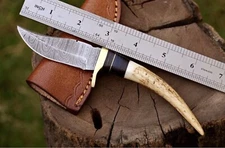 CUSTOM MADE HAND FORGED DAMASCUS STEEL HUNTING SKINNING KNIFE STAG HANDLE 2856