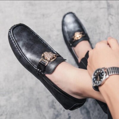 Designer Mens Lion Emblem Black bit shiny gray see pics  Leather Loafers size 10