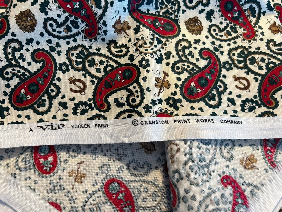 VTG Paisley Print Cotton Fabric Cranston Equestrian Horses 2 Yards Cream BG - Image 3 of 4