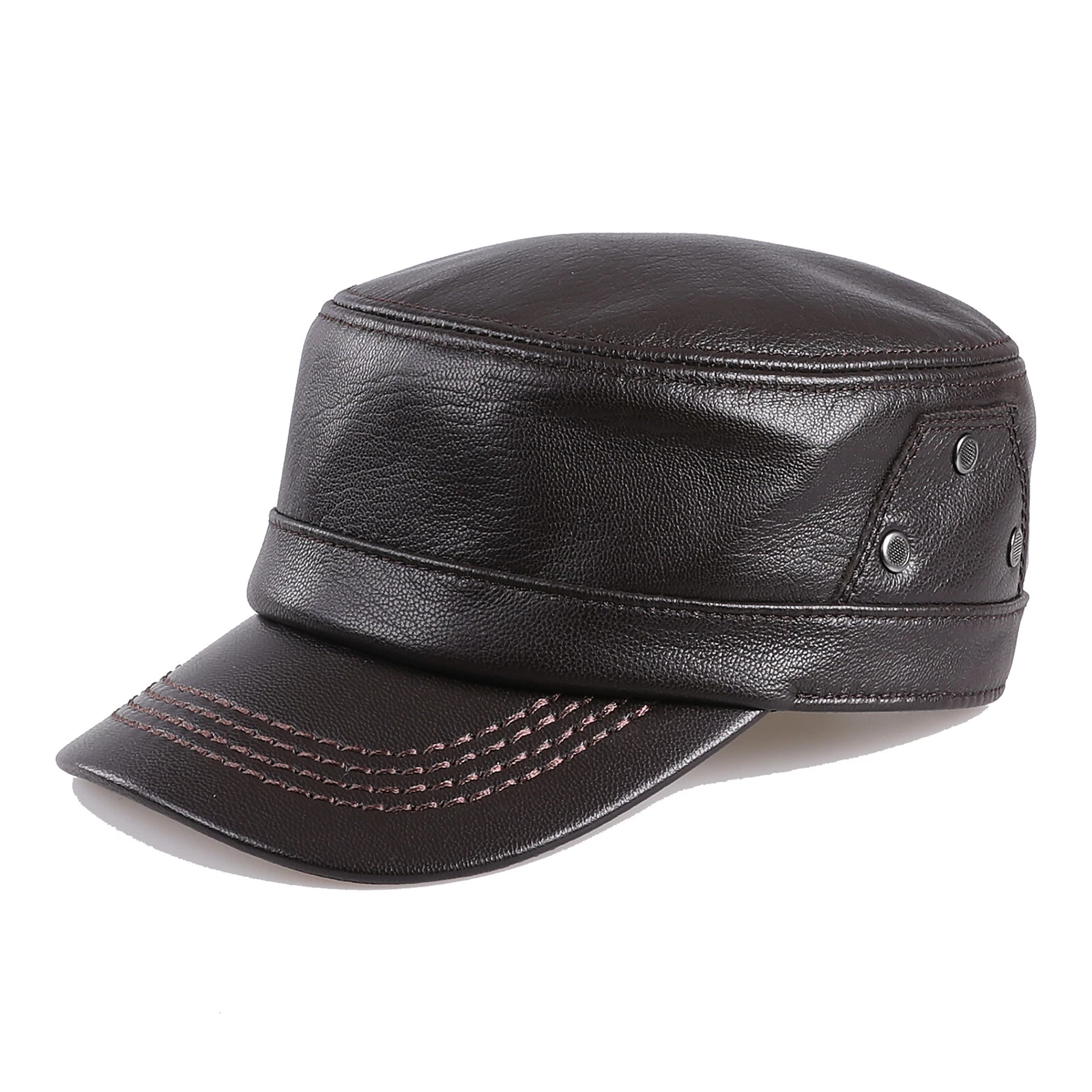 Men's Flat Top Cap Real Sheepskin Leather Military Style Caps Cadet Army Hats
