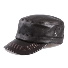 Men's Flat Top Cap Real Sheepskin Leather Military Style Caps Cadet Army Hats