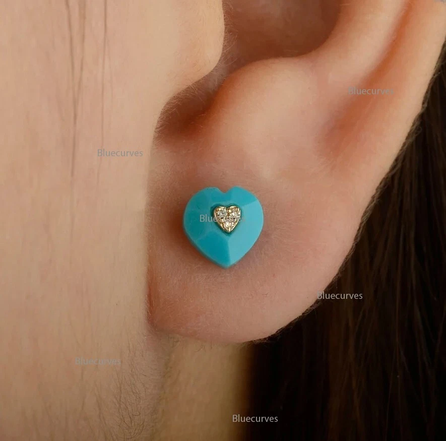 Trio Real Diamond & Heart Arizona Turquoise Studs Earrings 14k Gold Love Earring - Image 2 of 4