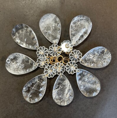Natural Rock Crystal Chandelier Quartz Pendants Parts Pear W/ Rosette 90mm 8pc