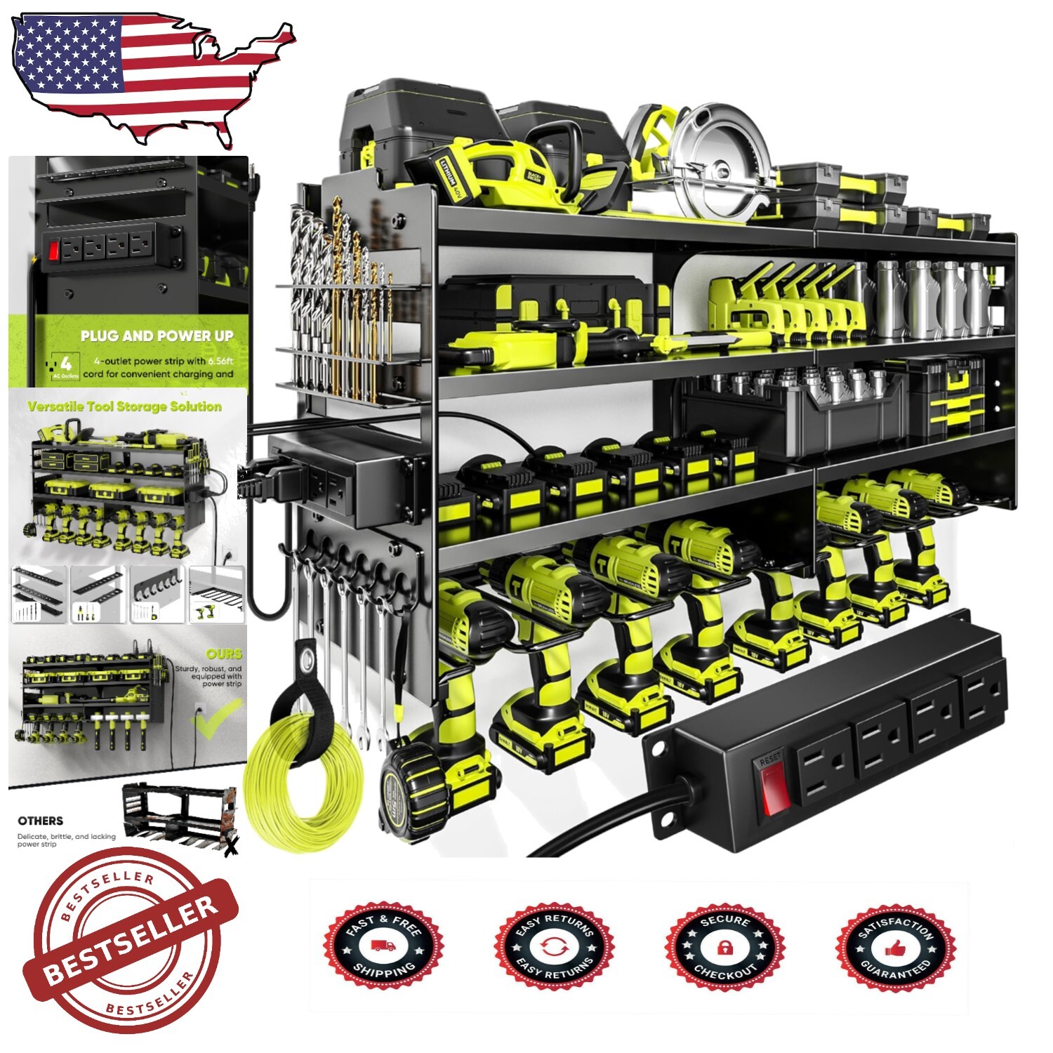 Heavy-Duty Garage Tool Organizer with 4-Outlet Power Strip - Rustproof & Durable