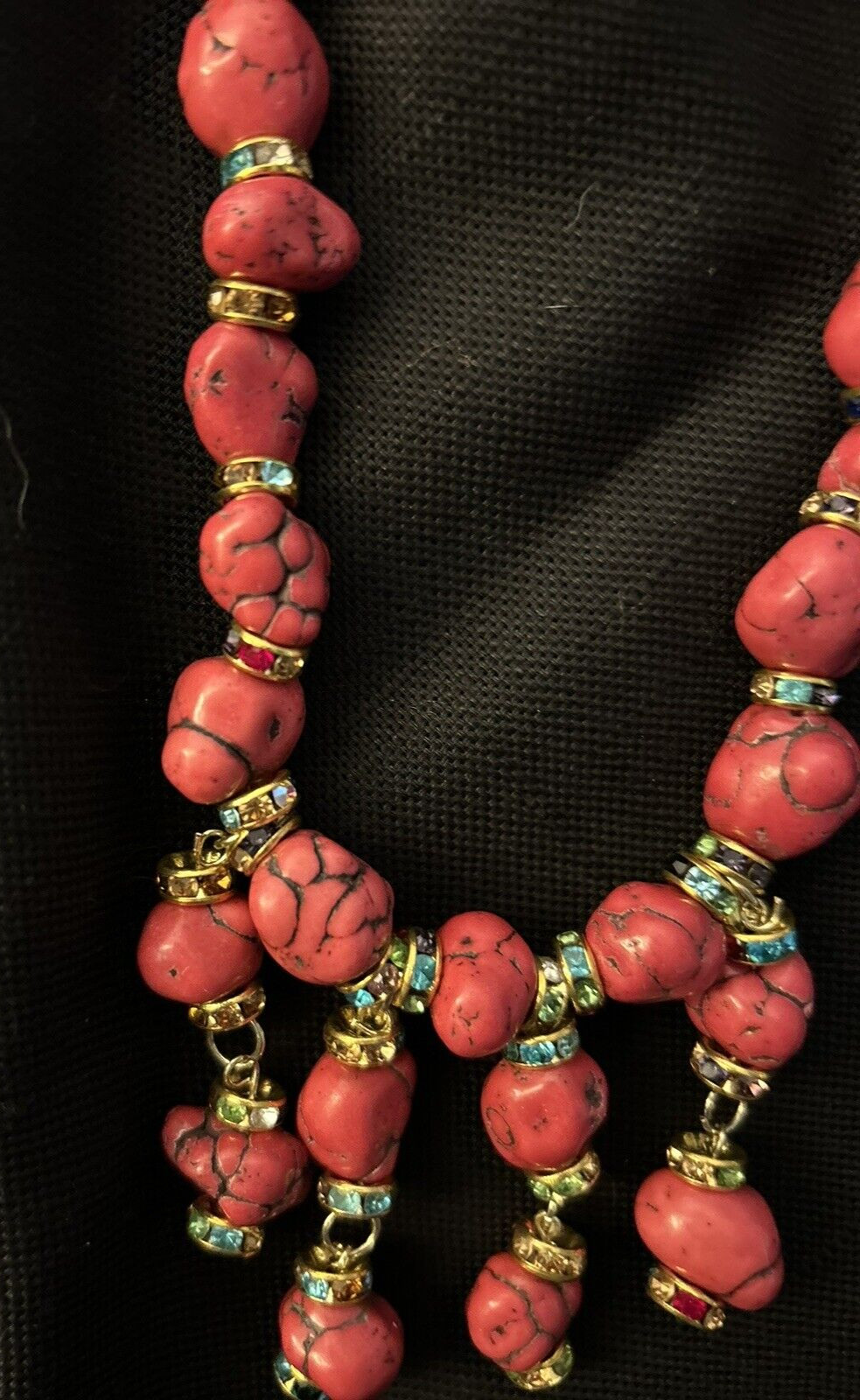 Statement Red Turquoise Chunky Bead  Necklace Rhi… - image 3