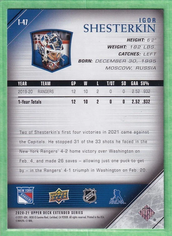 2020-21 Upper Deck Extended Series 2005-06 Tribute #T-47 Igor Shesterkin - Image 2 of 2