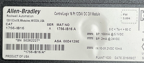 ALLEN BRADLEY 1756-IB16 SER A FW 3.004 CONTROL LOGIX 16PT 12/24VDC DIGITAL INPUT - Picture 2 of 7