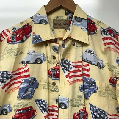 Vintage Hot Rod Shirt XL All Over Print USA Flag Patriotic American Classic Cars
