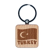 Turkey with Waving Flag Cute Engraved Wood Square Keychain Tag Charm