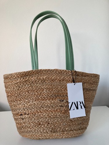 ZARA small JUTE basket TOTE BAG green pu leather handles pocket green NEW - Picture 8 of 19