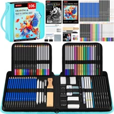106 Pack Drawing Set Sketching Kit, Pro Art Supplies with 3-Color Sketchbook,...