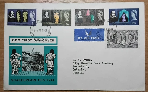 1964 GB SG 206/10 SHAKESPEARE air mail FDC typed address to Canada no phosphor