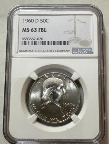 1960 -D ,Franklin Half Dollar-NGC MS 63, FBL Full Bell Lines Professional Graded