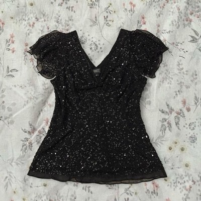 Adrianna Papell Boutique Black Silk Top Womens L Sequin Beaded Elegant Fairy