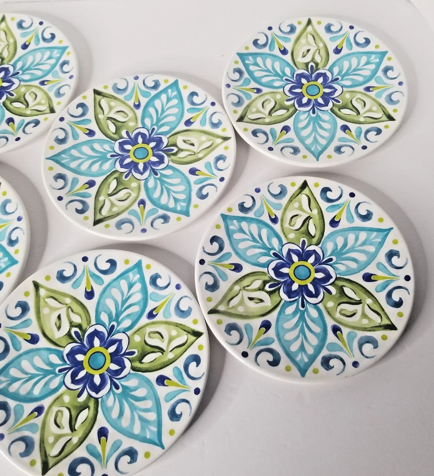 6 Melamine Dessert/Snack Plates 6.75" TarHong & Cynthia Rowley Green Floral Boho - Image 3 of 4
