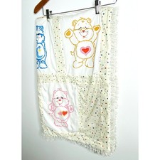 VTG Handmade Off White Care Bear Lace Quilt Blanket Double Sided Kids 29"x52"