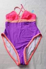Popvil Women's Plunge Shell Trim Color Block One Piece Swimsuit WR4 Multi Large
