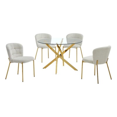 Best Quality Furniture Circular Clear Tempered Glass Dining Set w Fluffy Chairs