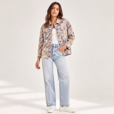 Chico  s Women  s Size 2 L Linen Cotton Abstract Watercolor Jacket 3/4 Sleeve