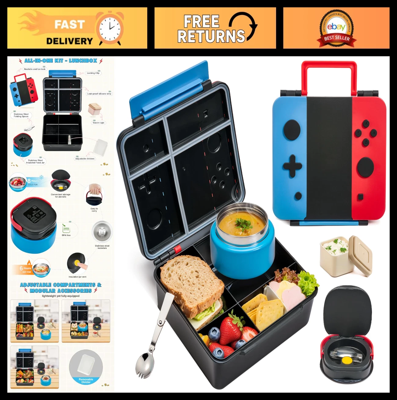 Kids Bento Lunch Box with Thermos, Spoon, Divider & Sauce Cup - BPA-Free, Travel