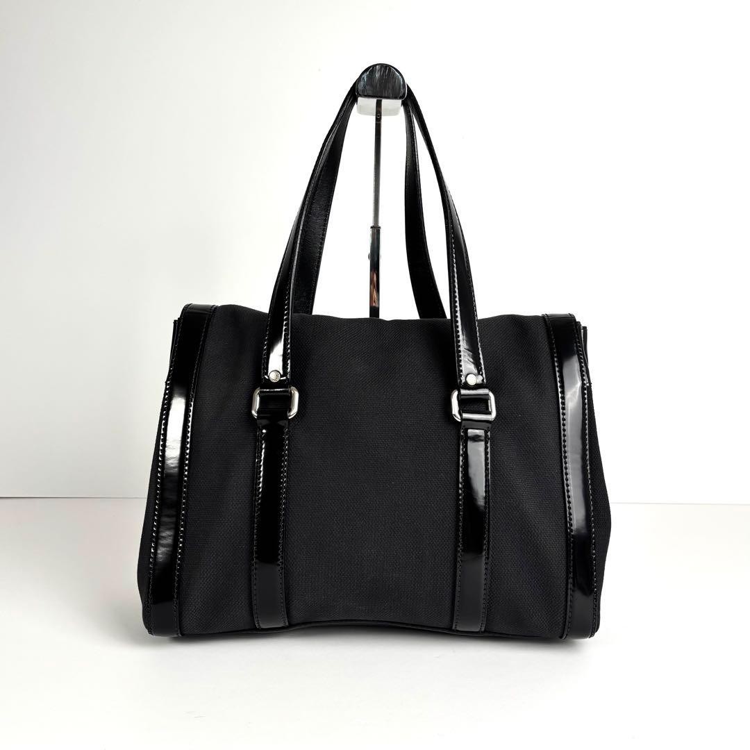 PRADA Women's Tote Bag Handbag Canvas Leather Black Noir Used Authentic thumbnail 3