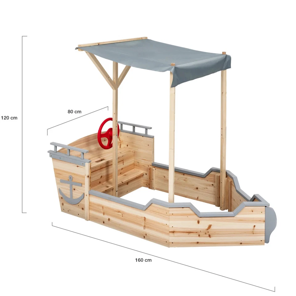 Bac à sable WORLD bois bateau de pirate avec banc coffre et toit gris - Photo 4/4