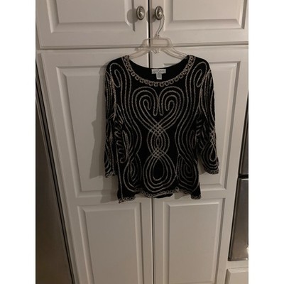 Once 1 Again Plus Black Gold White Embroidered 3/4 Sleeve Top Blouse 1X RN107465