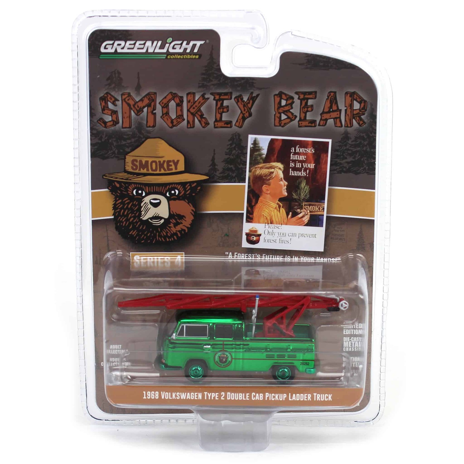 ЗЕЛЕНЫЙ ХРОМИРОВАННЫЙ CHASE 1/64 1968 VW Type 2 Пикап-трап Smokey Bear 4 38070-B