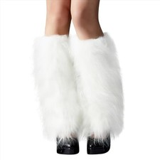 Furry Faux Fur Leg Warmers for Women - Soft Fluffy Legwarmer One Size White