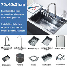 Stainless Steel Waterfall Kitchen Sink Large Single Slot Integrated Digital Dis