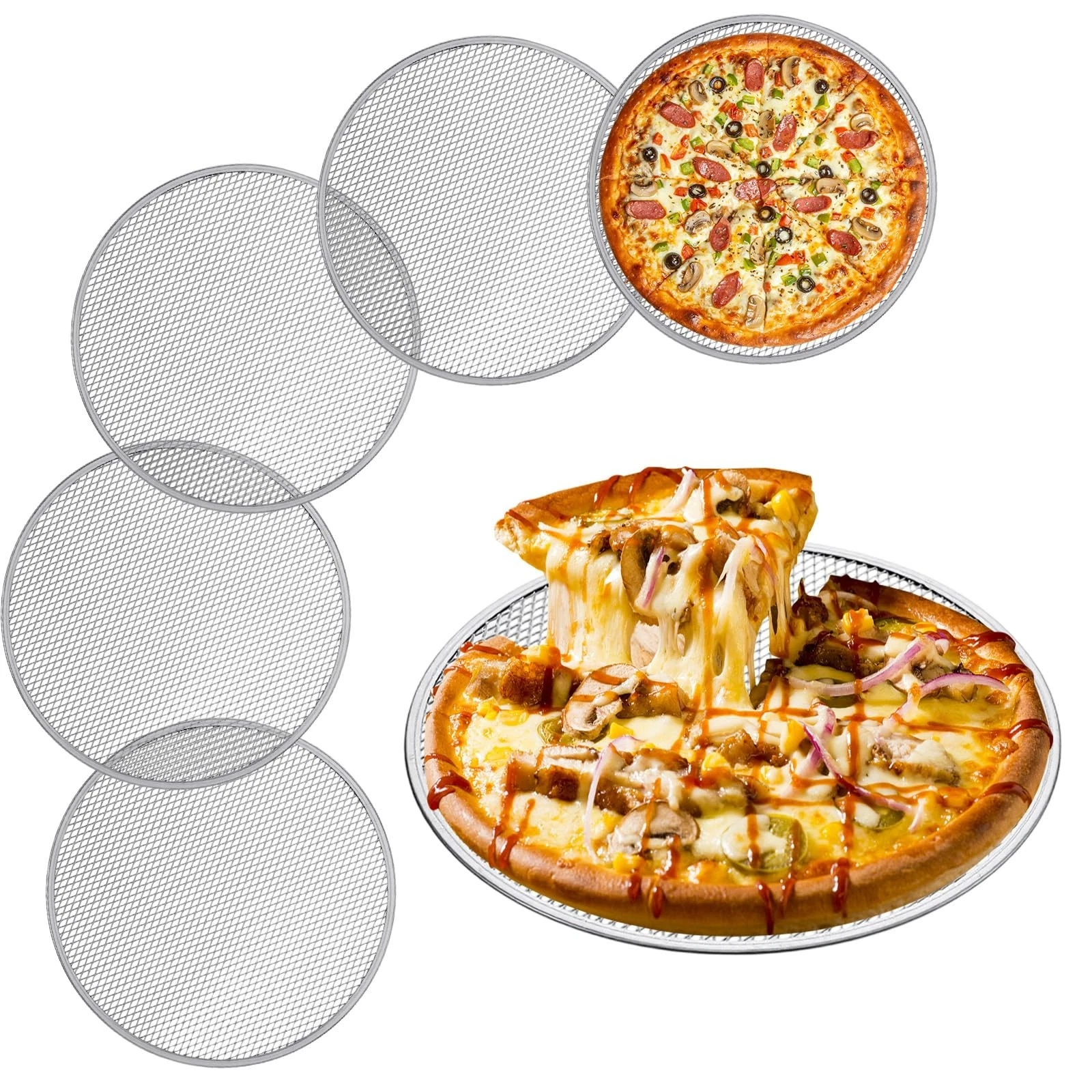 12" Aluminum Pizza Screen Set of 6 - Round Crisper Tray for Oven Baking, BBQ