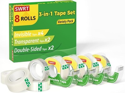 Tape for Gift Wrapping, 8 Rolls with Dispensers, Includes Invisible Tape, Double