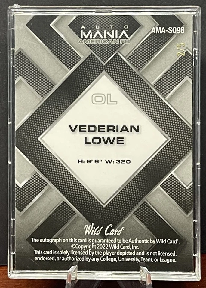 2022 Wild Card Auto Mania Vederian Lowe RC Auto /5 New England Patriots - Image 2 of 2