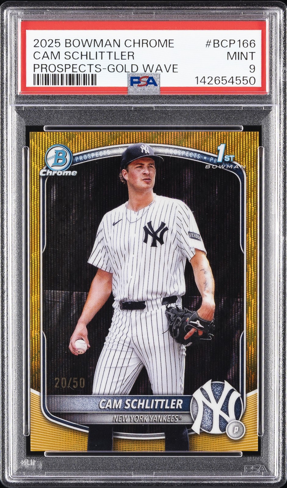 2025 BOWMAN CHROME PROSPECTS GOLD WAVE #BCP166 CAM SCHLITTLER 20/50 PSA 9