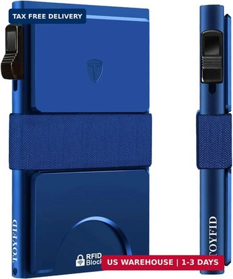 AirTag Wallet Men Slim Minimalist RFID Block Metal Pop Up Card Holder 12+ Blue