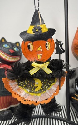 Vtg Halloween pumpkin Ornament Vintage Style chenille wire 