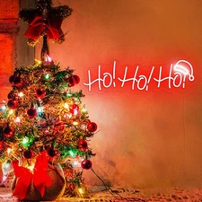 Christmas Neon Sign, Dimmable HO HO HO with Santa Hat LED Neon Light for Xmas...