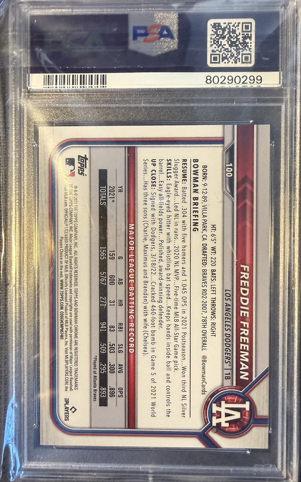 2022 Bowman Chrome Freddie Freeman Yellow Saphire /50 Dodgers PSA 10 view 2